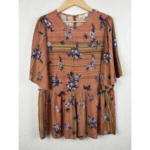 ENTRO Womens Top Size Large Brown Blue Floral Boho Cottagecore Festival Feminine